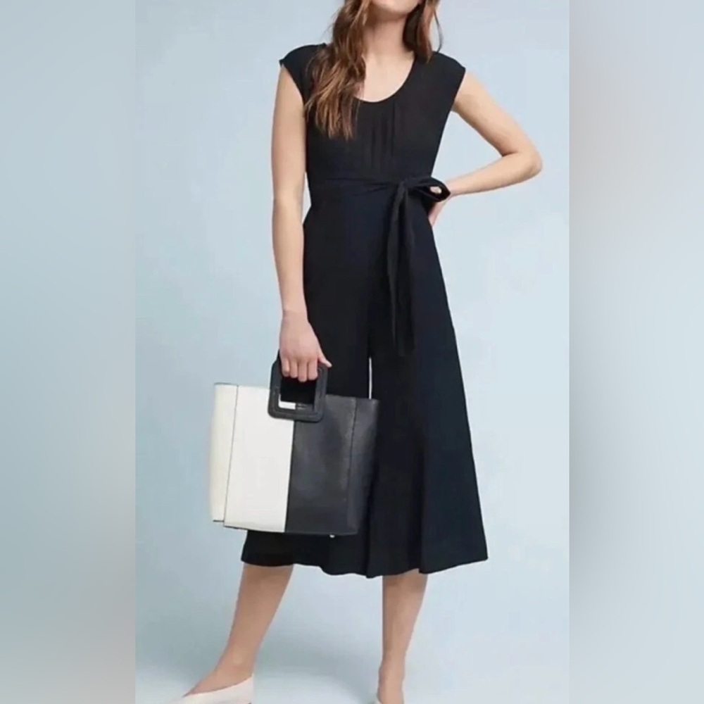 Anthropologie Abbey Wide-Leg Cropped Jumpsuit in Black Crinkle Gauze Size 0